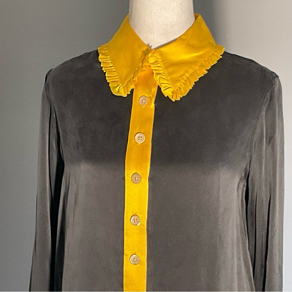 NWT Bill Blass 100% Silk Navy Shift Dress w/ Yellow Ruffle Collar – Size S - Picture 10 of 16